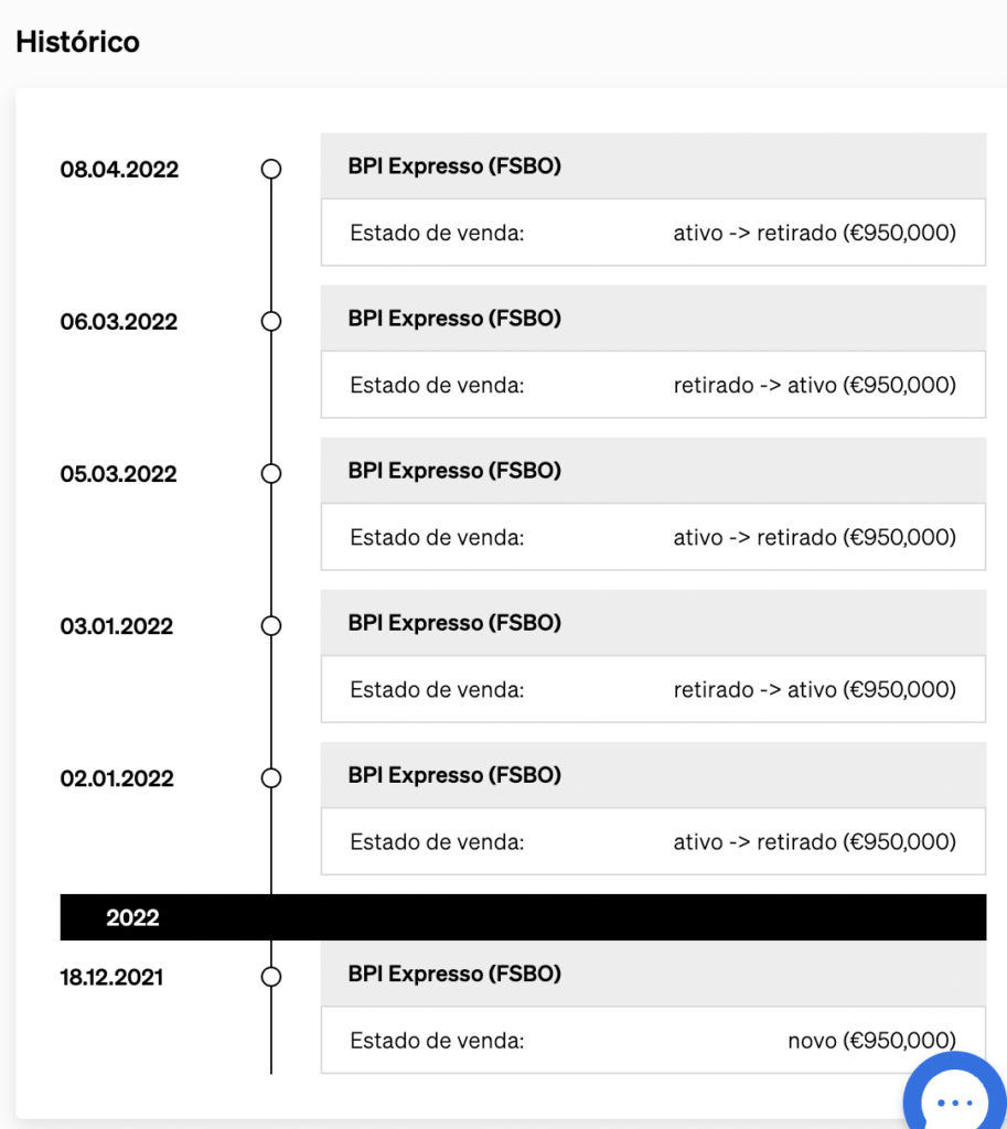 Histórico da propriedade na Página da Propriedade, dentro da CASAFARI