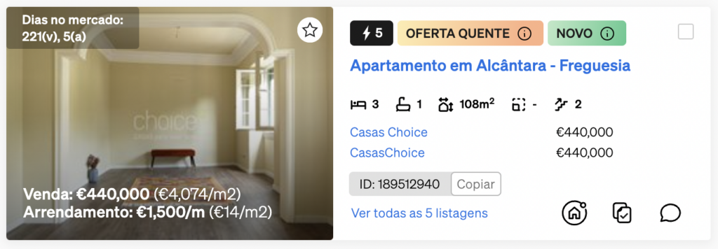 Etiquetas OFERTA QUENTE e NOVO dentro da Pesquisa de Imóveis da CASAFARI