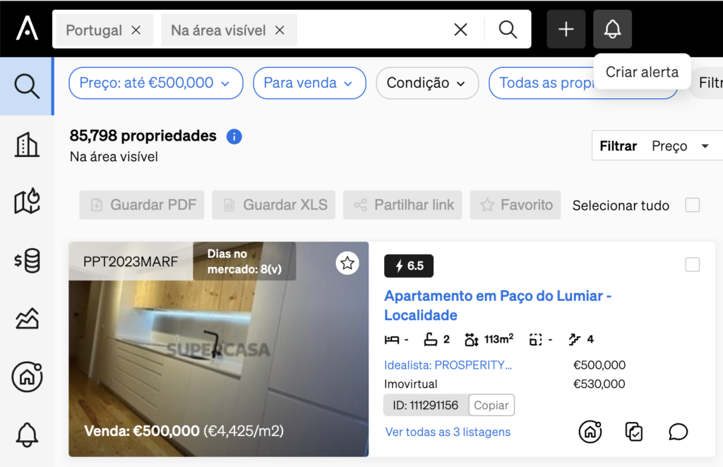 Criar um Alerta dentro da Pesquisa de Imóveis da CASAFARI