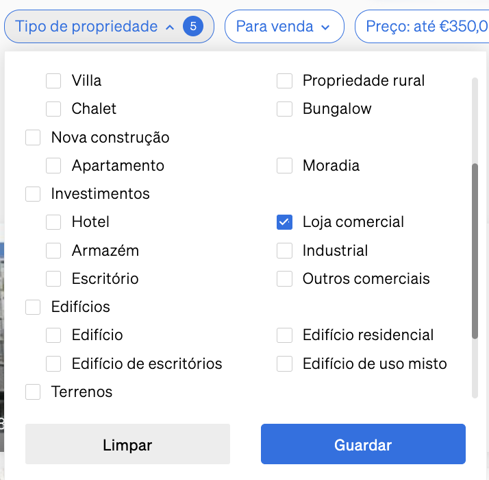 Diferentes tipos de propriedades nos filtros da Pesquisa de Propriedades da CASAFARI