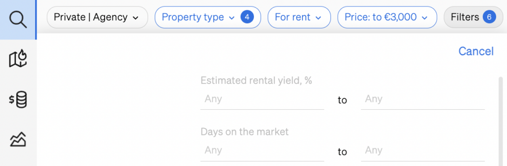 Rental yield filter inside CASAFARI's Property Sourcing