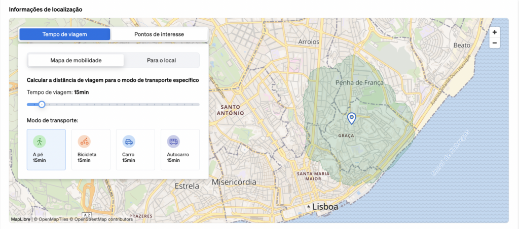 Informações sobre a localização, mostrando as comodidades nas imediações de um imóvel e os tempos de deslocação com diferentes meios de transporte