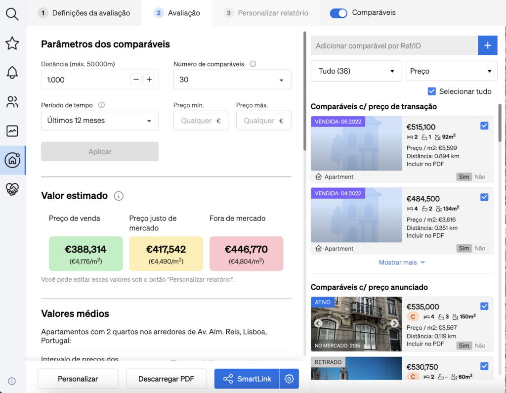 Encontrar imóveis comparáveis e efetuar uma avaliação do imóvel na CASAFARI, com base na localização e caraterísticas do imóvel