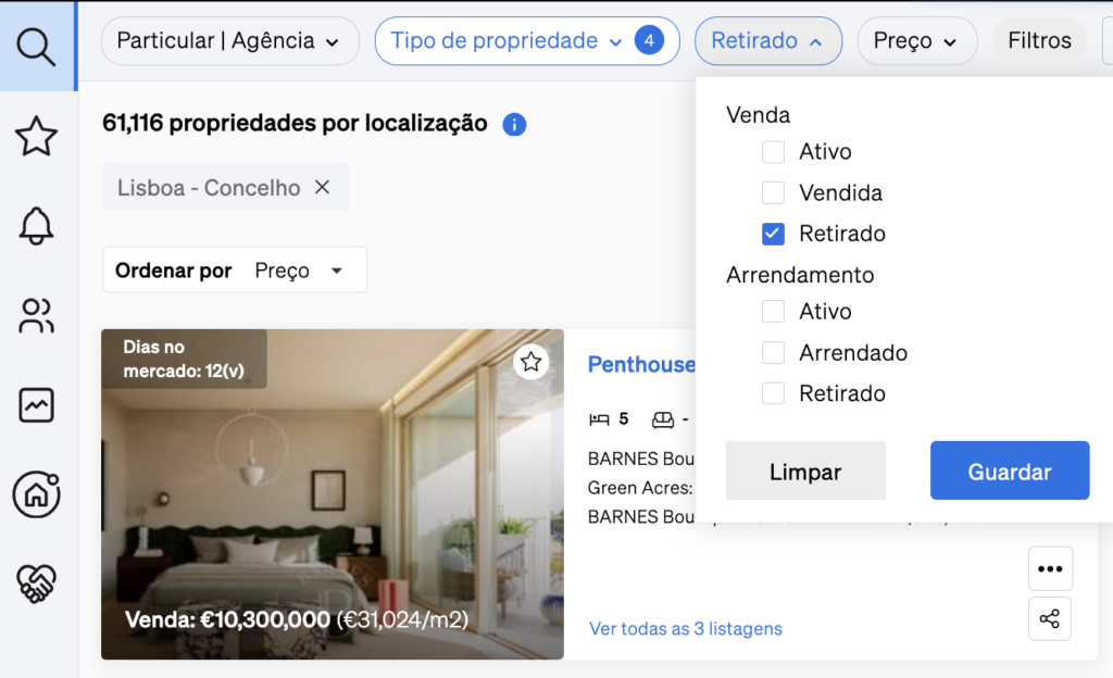 imóveis retirados do mercado na Pesquisa de Propriedades da CASAFARI, uma informação útil para os agentes imobiliários verem o que está a ser vendido semelhante à sua carteira