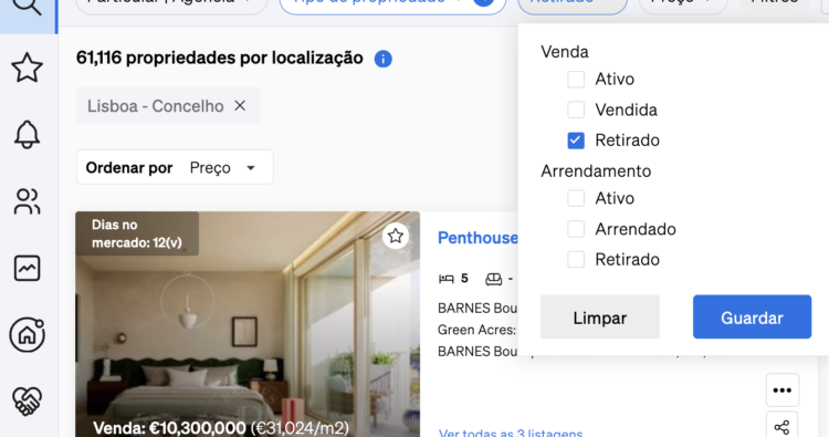 Imóveis retirados do mercado no âmbito do estudo de mercado da CASAFARI