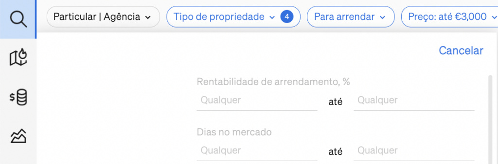 Filtro de rentabilidade de arrendamento na Pesquisa de Propriedades da CASAFARI