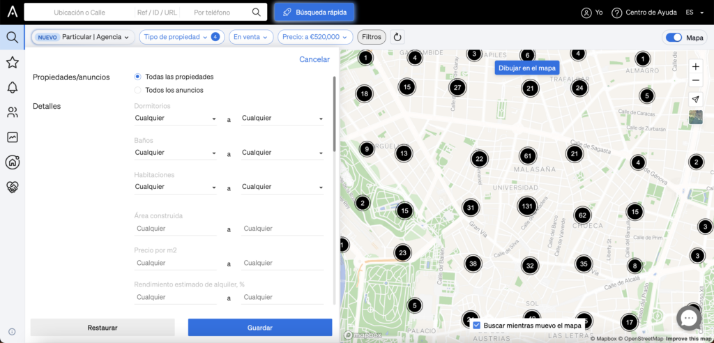 Filtros de búsqueda de propiedades de CASAFARI