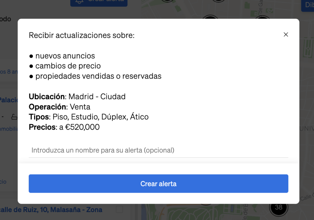 Configurar una alerta en la búsqueda de inmuebles de CASAFARI