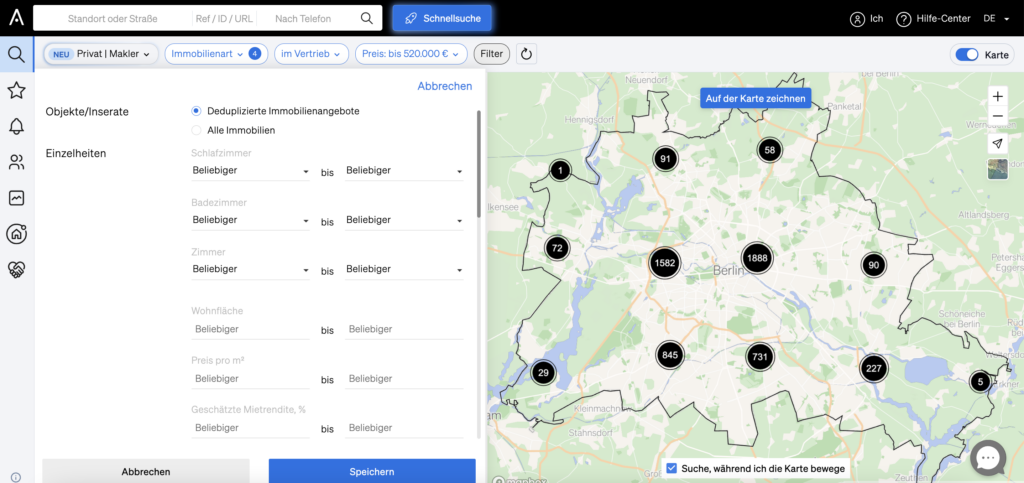 Filter innerhalb der CASAFARI Immobiliensuche