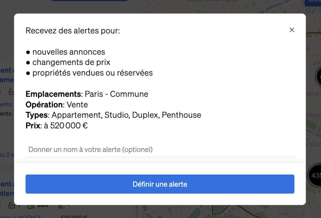 Filtre pour la mise en place d'une alerte, d'être informé en temps réel de l'évolution du marché immobilier