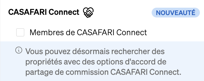 Filtre CASAFARI Connect, pour trouver des propriétés qui sont disponibles pour le partage de la commission immobilière.