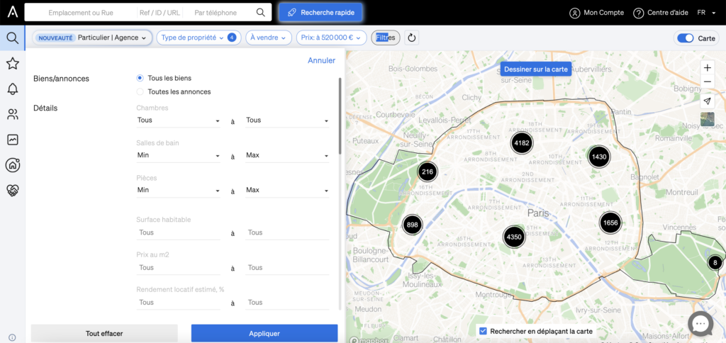 Filtres disponibles dans la recherche de biens immobiliers CASAFARI