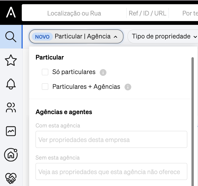 Filtro para encontrar propriedades listadas por uma única agência ou por vendedores privados