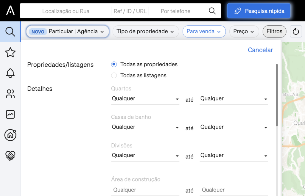 Filtros disponíveis na pesquisa de imóveis da CASAFARI