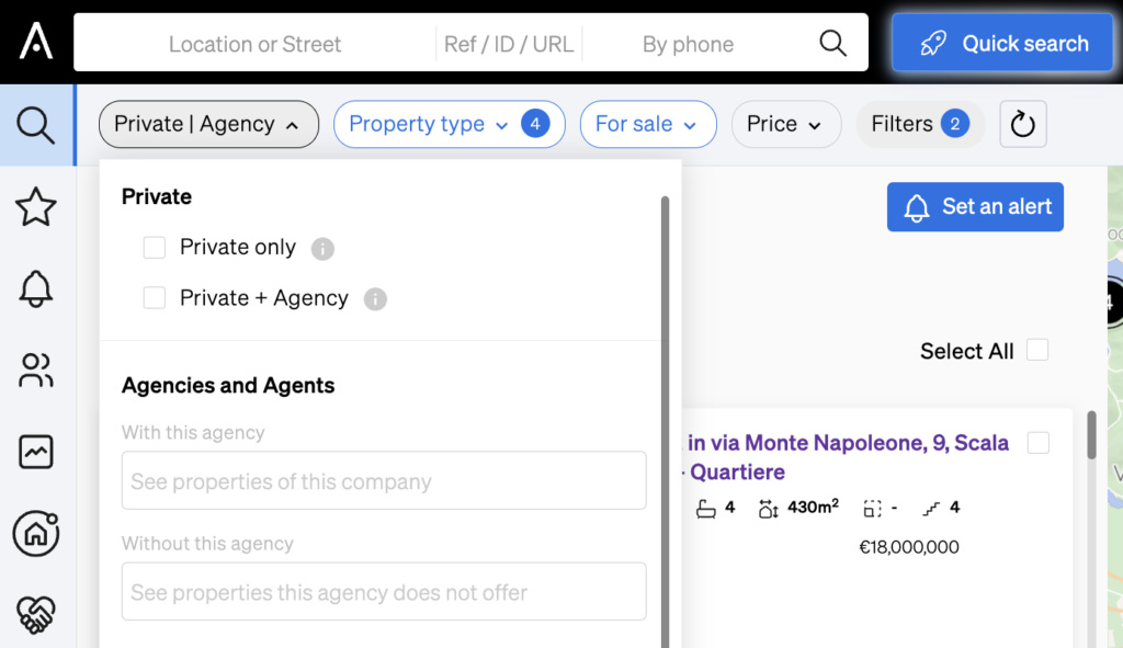 Filtering properties per agency or per private sellers inside CASAFARI's Property Sourcing