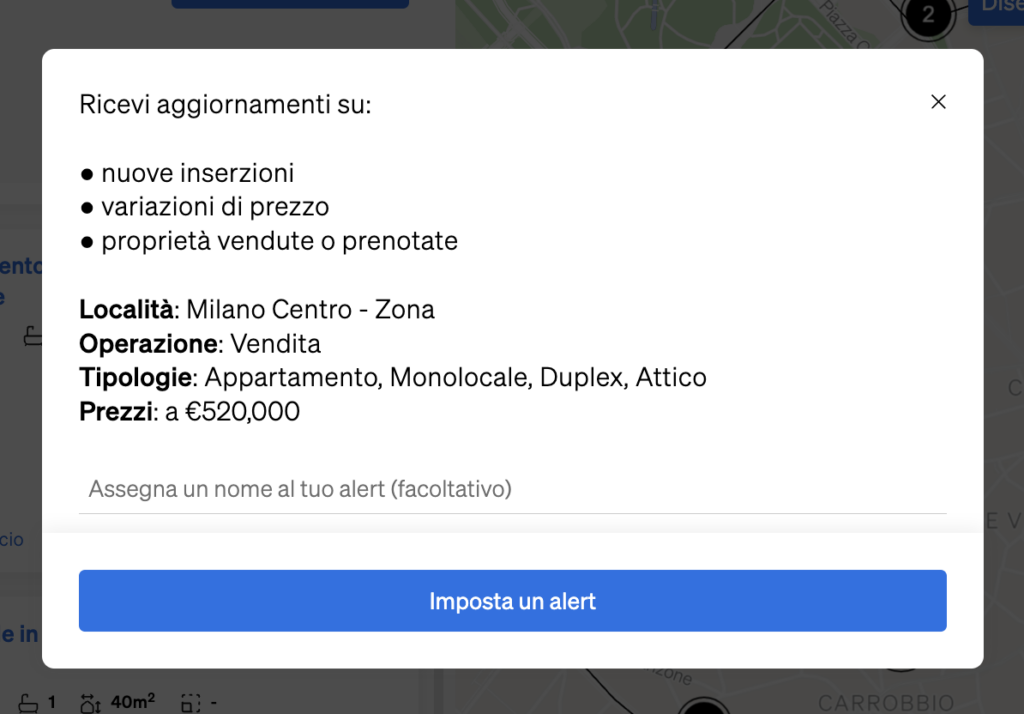 Impostare un alert nella ricerca di immobili di CASAFARI