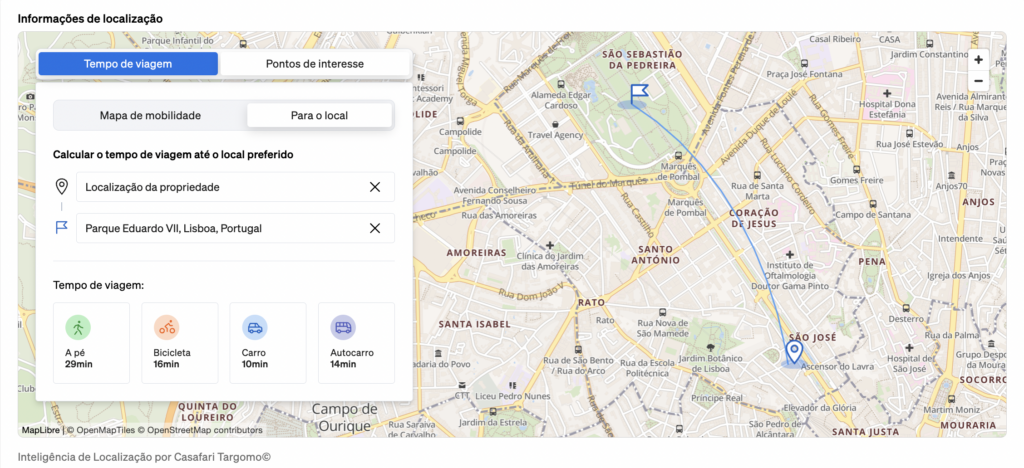 Widget de localização para mostrar tempos de deslocação e pontos de interesse nas imediações de um imóvel