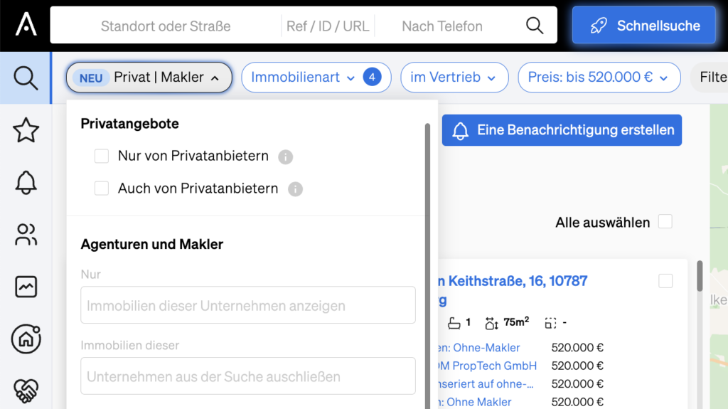 Filter, um alle von einer Immobilienagentur inserierten Immobilien zu finden