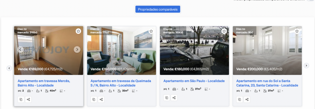 Propriedades comparáveis no mercado com o imóvel que está sendo visualizado
