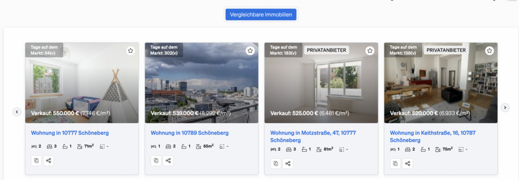 Immobilien mit denselben Merkmalen und am selben Standort wie die analysierte Immobilie, um den Wettbewerb auf dem Markt zu verstehen