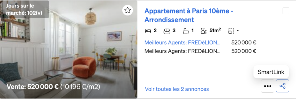 Vous pouvez créer un Smartlink directement dans la recherche de biens immobiliers pour partager les informations relatives à un bien avec votre client.