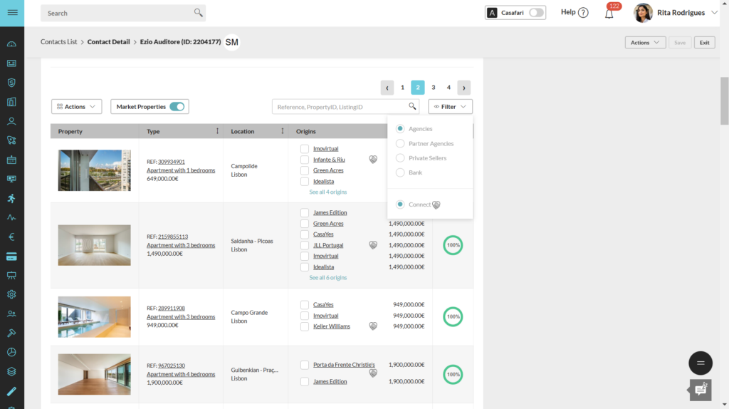 Filtro CASAFARI Connect dentro do CRM, para os agentes imobiliários encontrarem imóveis disponíveis para partilha de comissões