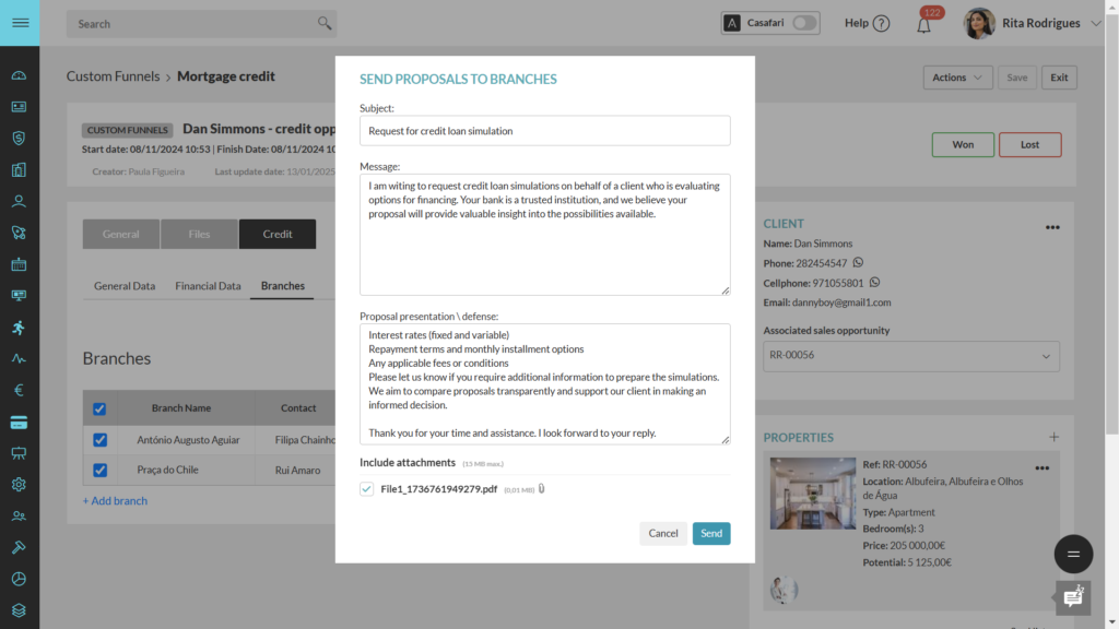 Agente imobiliário envia o pedido de crédito imobiliário para um cliente dentro da CASAFARI CRM