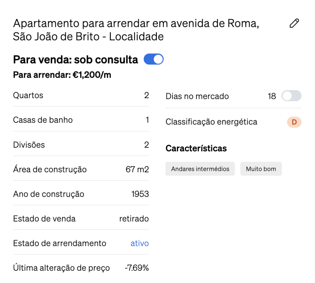 Dias no mercado, como se pode ver na página do imóvel CASAFARI