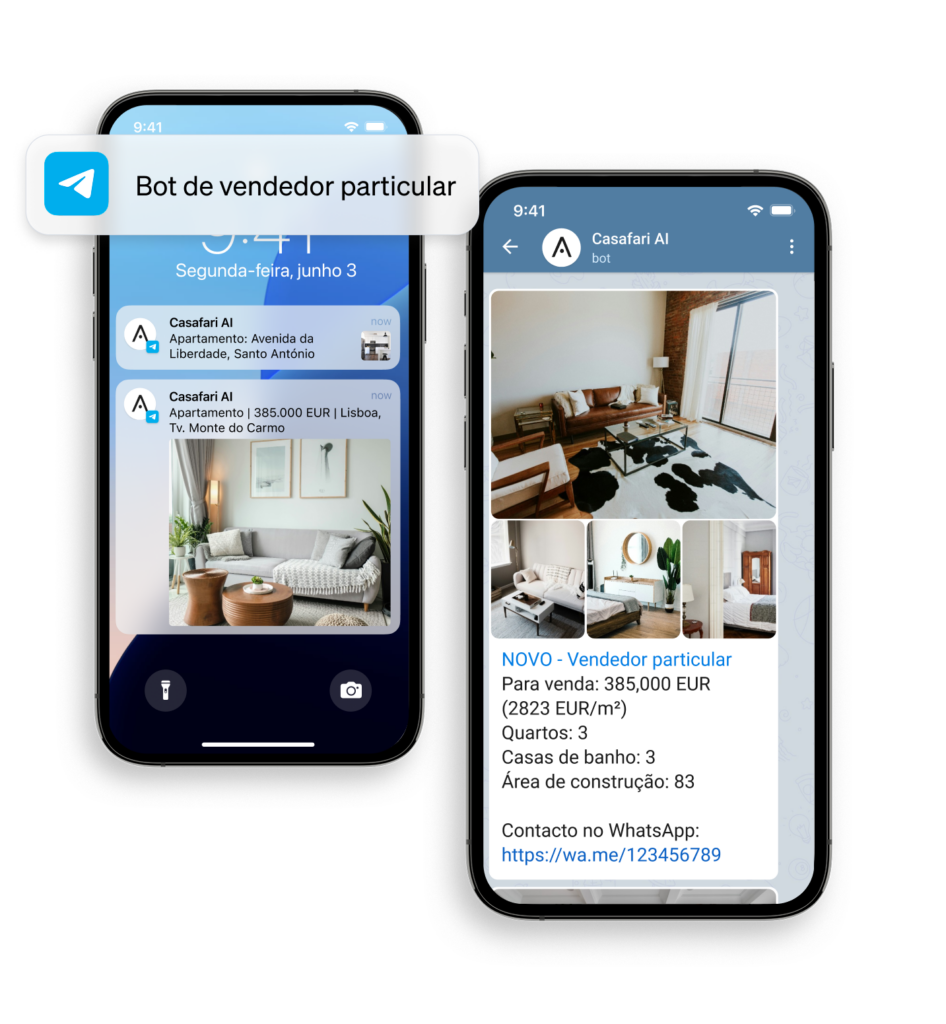 notificações sobre novos imóveis no mercado vendidos por particulares com o bot da CASAFARI AI para WhatsApp e Telegram