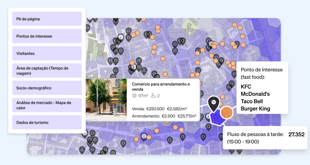 Soluções de integração de dados da CASAFARI para analisar os arredores de uma propriedade, como o trânsito de pessoas, pontos de interesse e informações sócio-demográficas